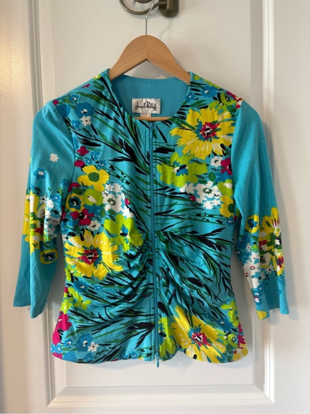 Joseph Ribkoff Turquoise Floral Ruched Zip Jacket Blouse Size 8